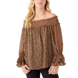 NWT CeCe Off Shoulder Ruffle Sleeve Animal Print Pullover Chic Shirt Large